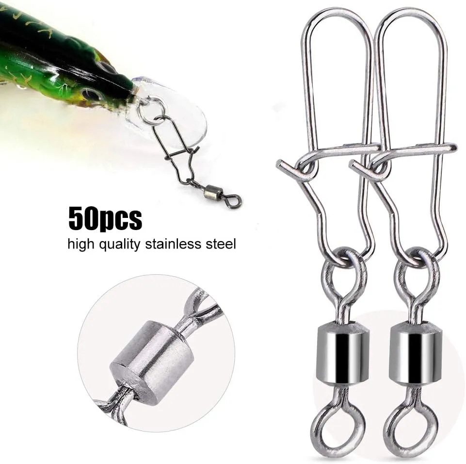 Alomejor Giratorio de Pesca 50PCS 2# 4# 5# 6# 8# Acero Inoxidable Conector Giratorio de Pesca con diseño de Bloqueo rápido Abier