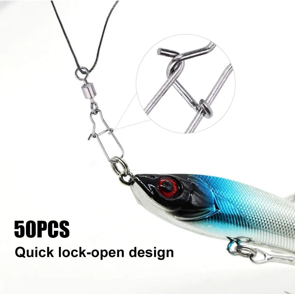 Alomejor Giratorio de Pesca 50PCS 2# 4# 5# 6# 8# Acero Inoxidable Conector Giratorio de Pesca con diseño de Bloqueo rápido Abier