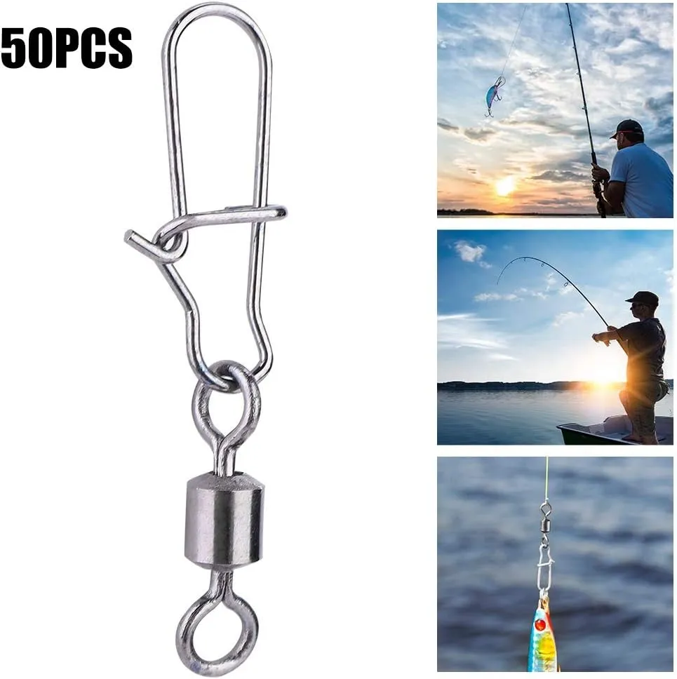 Alomejor Giratorio de Pesca 50PCS 2# 4# 5# 6# 8# Acero Inoxidable Conector Giratorio de Pesca con diseño de Bloqueo rápido Abier