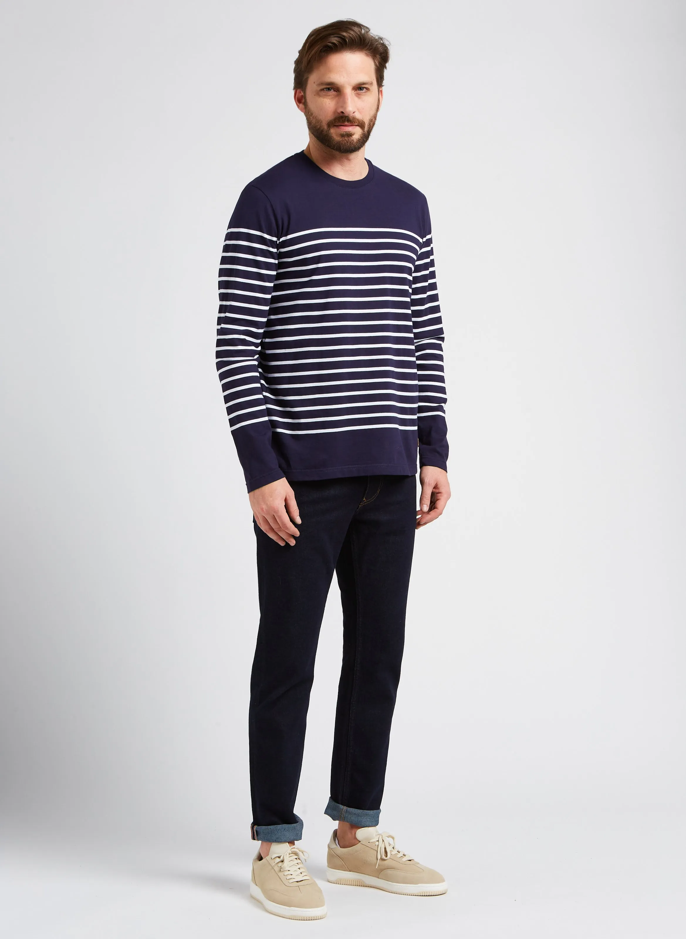 ARMOR LUX Camiseta marinera slim fit de punto ligero de algodón con cuello redondo en azul