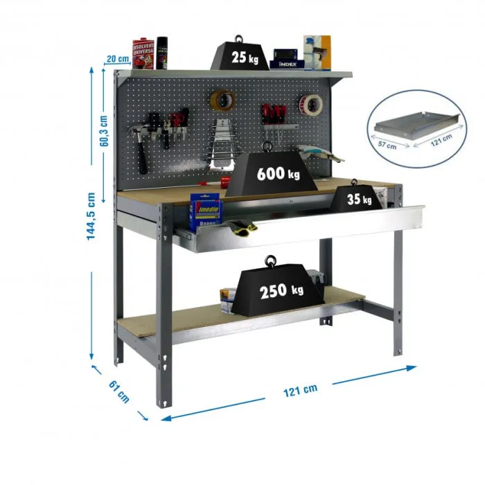 Banco de trabajo BT3 Box gris/madera 144,5x121x61cm