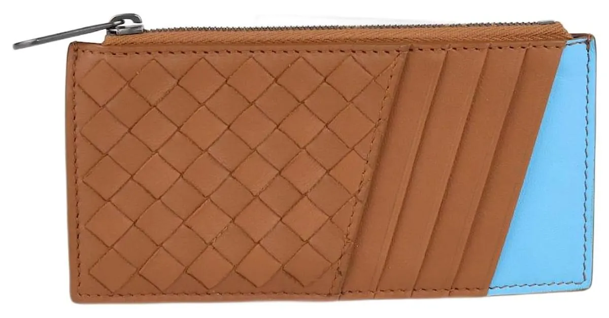 Bottega Veneta marrón/Cartera tarjetero con cremallera Intrecciato azul 