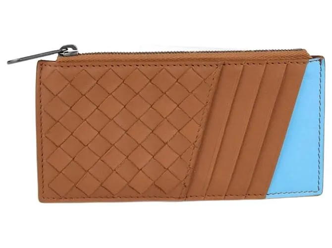 Bottega Veneta marrón/Cartera tarjetero con cremallera Intrecciato azul 
