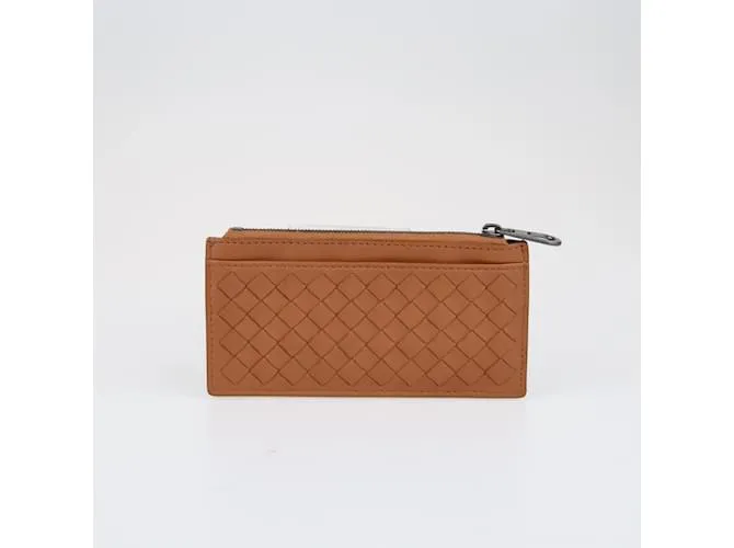 Bottega Veneta marrón/Cartera tarjetero con cremallera Intrecciato azul 
