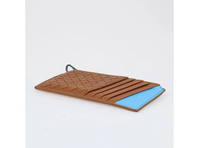 Bottega Veneta marrón/Cartera tarjetero con cremallera Intrecciato azul 