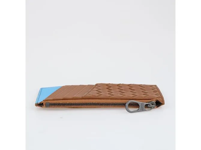 Bottega Veneta marrón/Cartera tarjetero con cremallera Intrecciato azul 