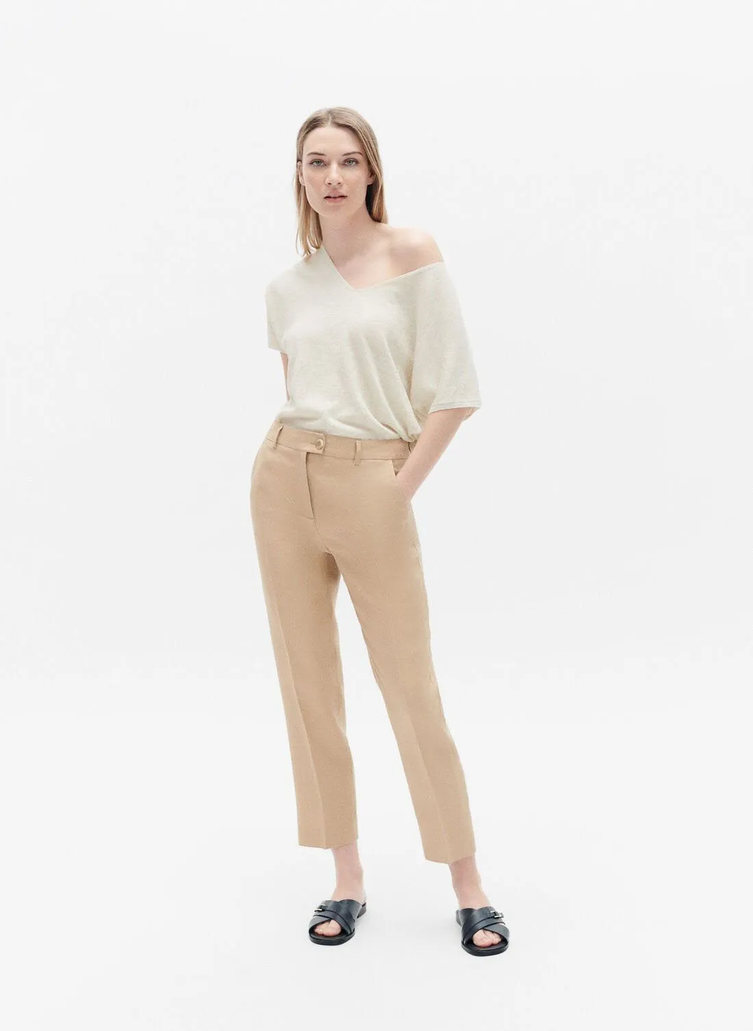 CAROLL RANDY  PANTALóN ANCHO DE LINO EN BEIGE