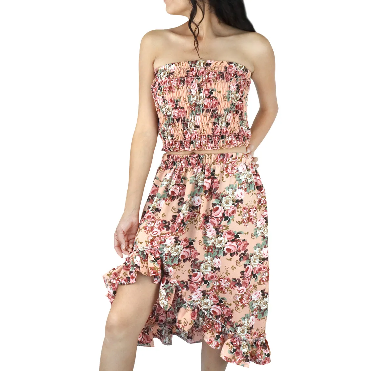 Conjunto de Top Corto Fruncido y Falda para Dama, color Melón
