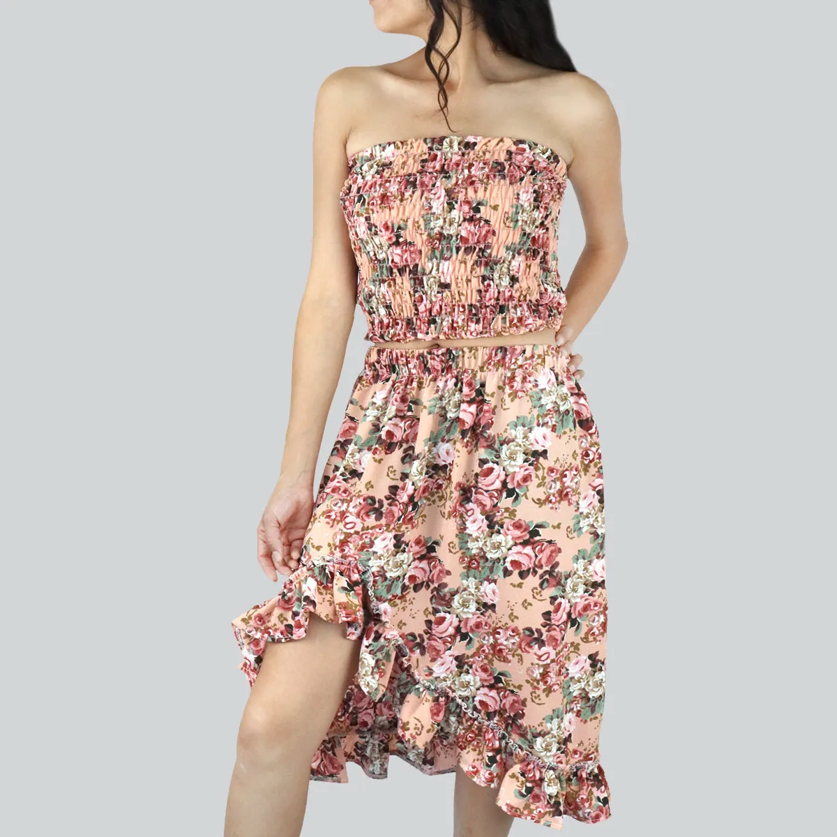 Conjunto de Top Corto Fruncido y Falda para Dama, color Melón