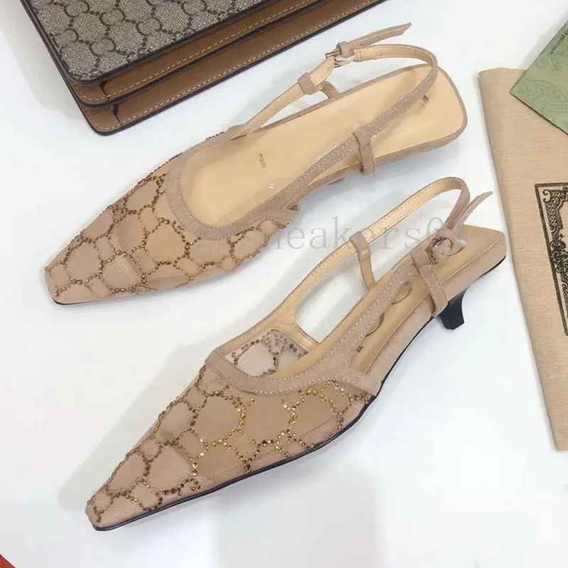 Diseñador tacones bajos slingback bomba mujeres zapatos de vestir de lujo sandalias de calidad superior malla de damas con crist