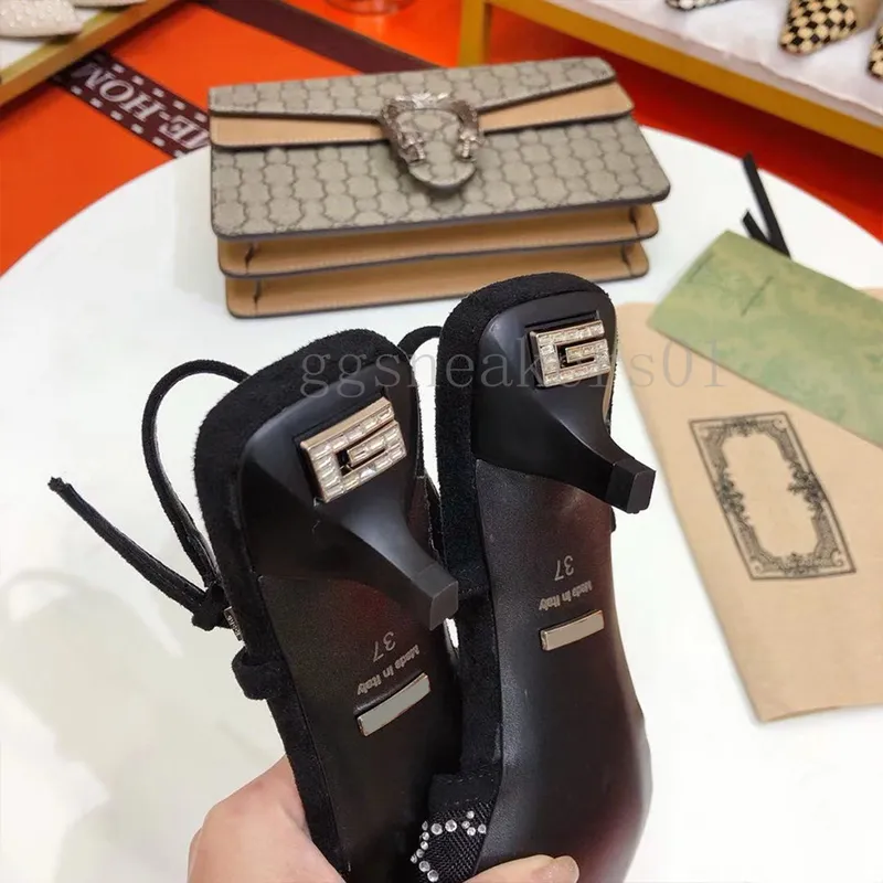 Diseñador tacones bajos slingback bomba mujeres zapatos de vestir de lujo sandalias de calidad superior malla de damas con crist
