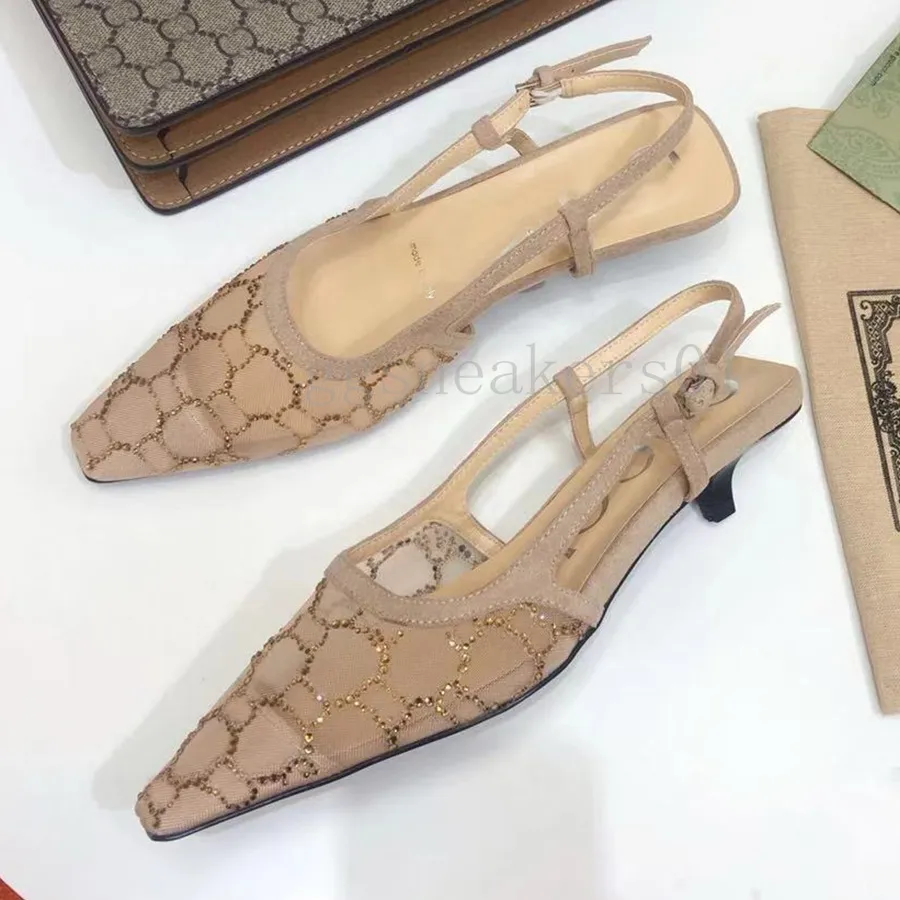 Diseñador tacones bajos slingback bomba mujeres zapatos de vestir de lujo sandalias de calidad superior malla de damas con crist
