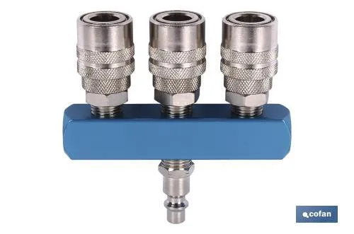Enchufe rápido con 3 salidas | Acoplador Hembra con rosca hembra BSP 3/8" para instalaciones neumáticas