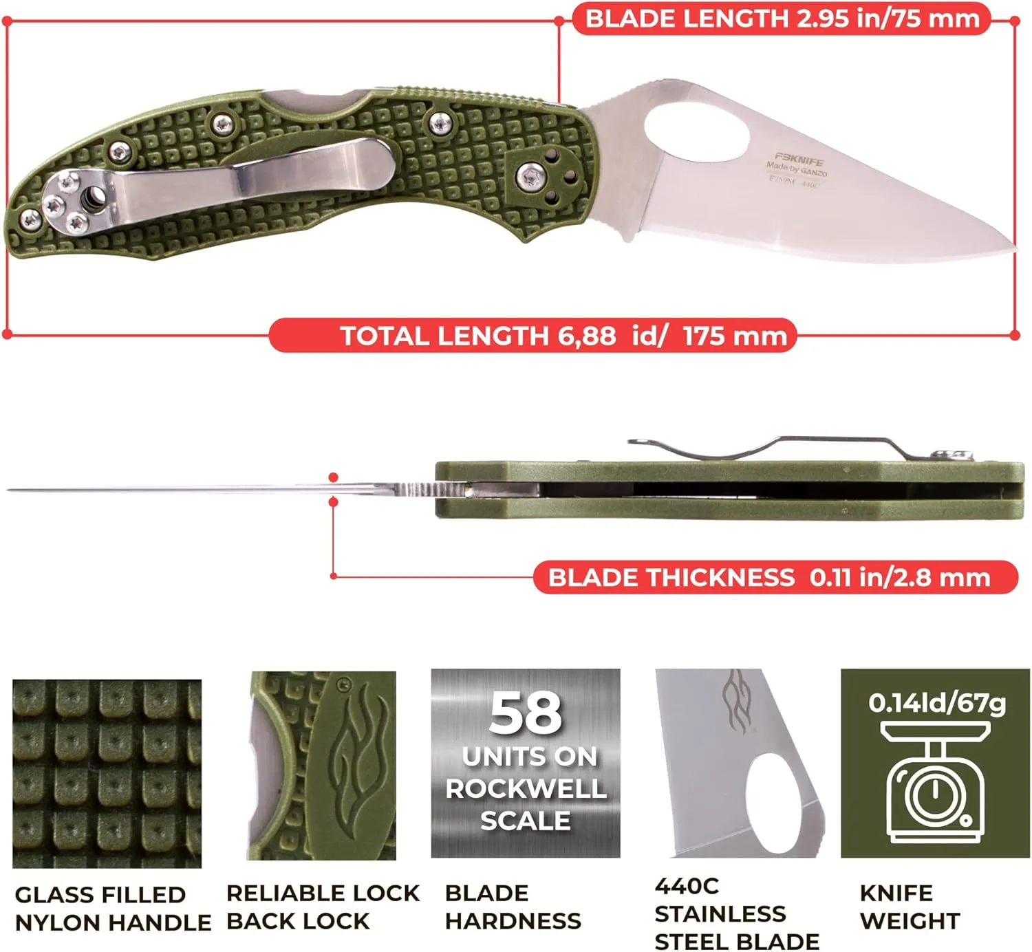 GANZO FIREBIRD F759MGR CUCHILLO PLEGABLE DE BOLSILLO HOJA DE ACERO 440C 75 MM MANGO ANTIDESLIZANTE CON CLIP CAMPING CAZA PESCA 