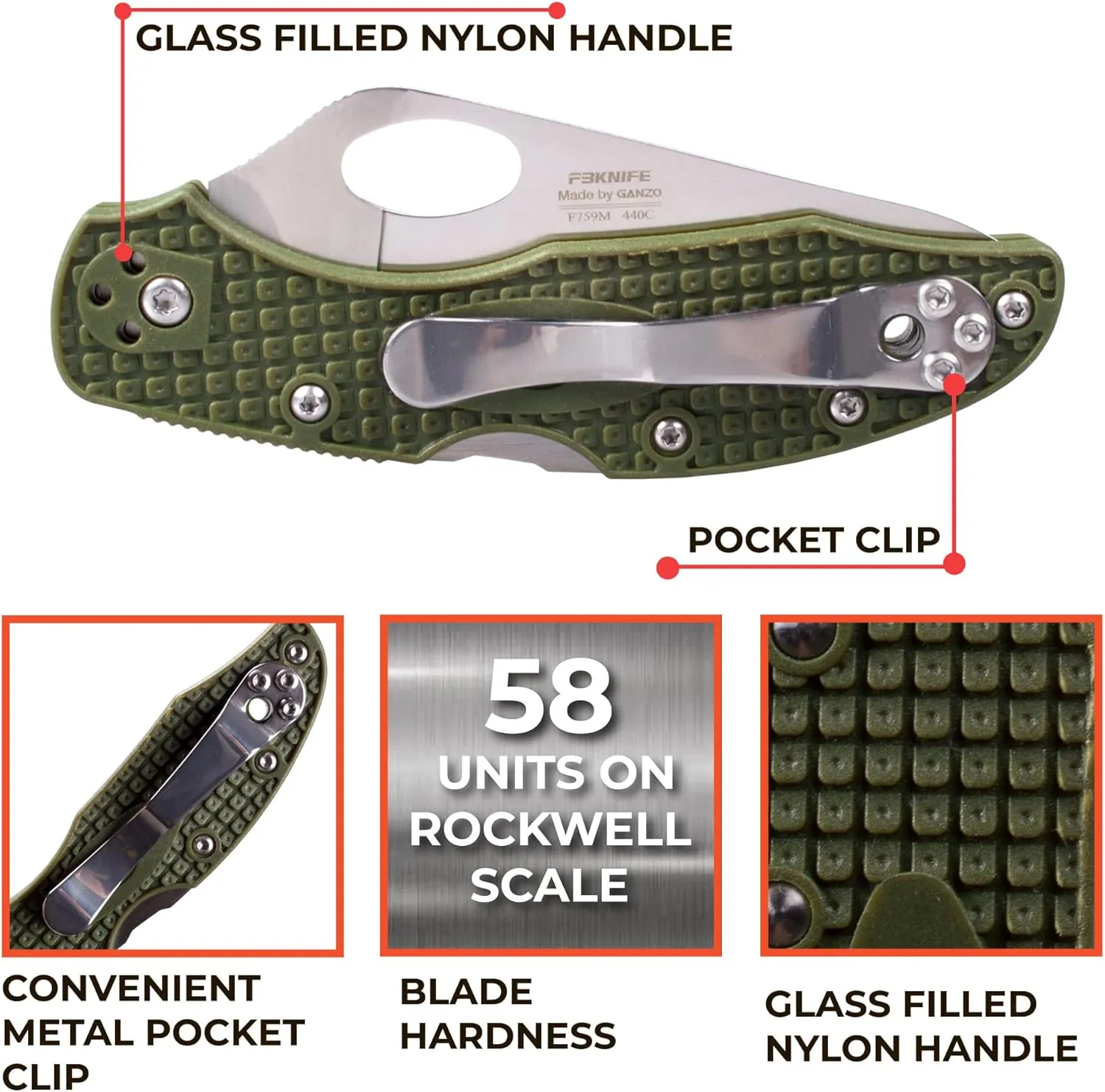 GANZO FIREBIRD F759MGR CUCHILLO PLEGABLE DE BOLSILLO HOJA DE ACERO 440C 75 MM MANGO ANTIDESLIZANTE CON CLIP CAMPING CAZA PESCA 