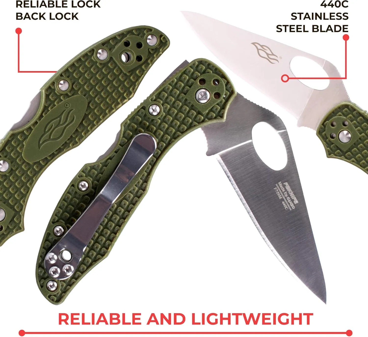 GANZO FIREBIRD F759MGR CUCHILLO PLEGABLE DE BOLSILLO HOJA DE ACERO 440C 75 MM MANGO ANTIDESLIZANTE CON CLIP CAMPING CAZA PESCA 