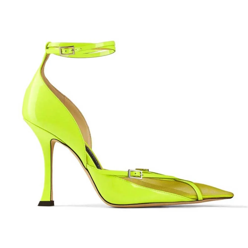Jimmy Choo Zapatos de tacón con correa Mugler para mujer, charol amarillo neón y zapatos de tacón de malla con correas
