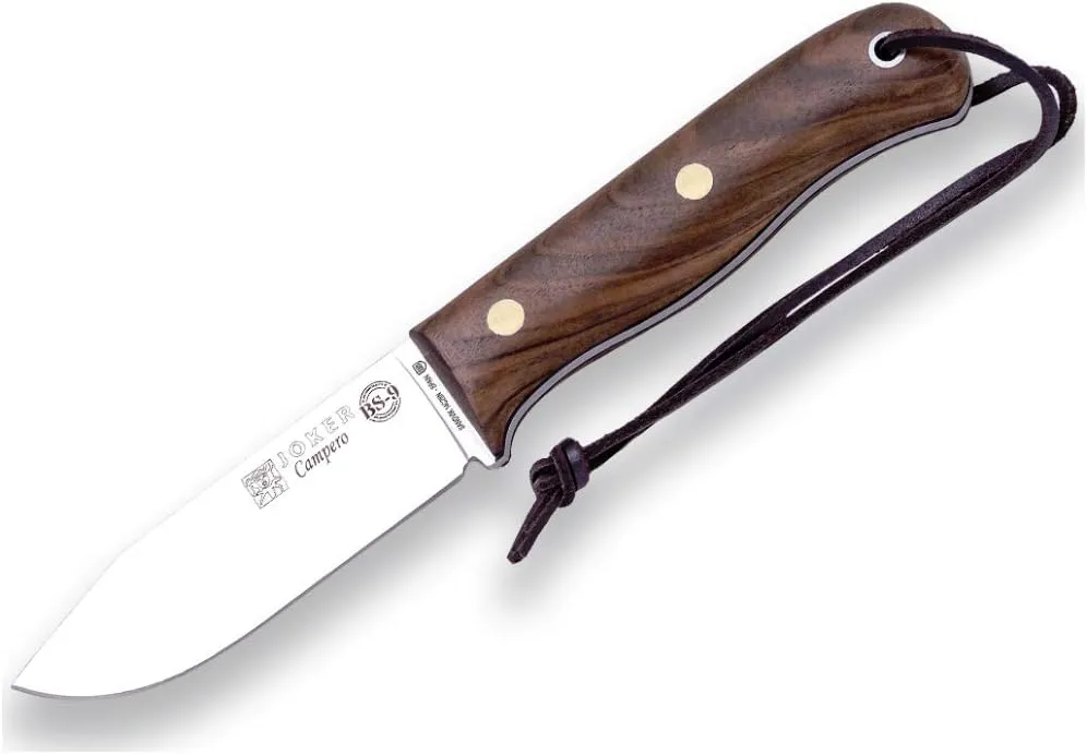 JOKER CUCHILLO DE CAZA BS9 CAMPERO CN112P  MANGO DE MADERA DE NOGAL  HOJA DE 10 5 CM  FUNDA PIEL  CON PEDERNAL  HERRAMIENTA DE 