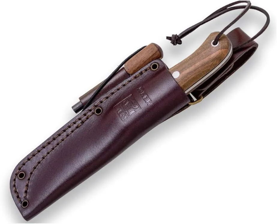 JOKER CUCHILLO DE CAZA BS9 CAMPERO CN112P  MANGO DE MADERA DE NOGAL  HOJA DE 10 5 CM  FUNDA PIEL  CON PEDERNAL  HERRAMIENTA DE 