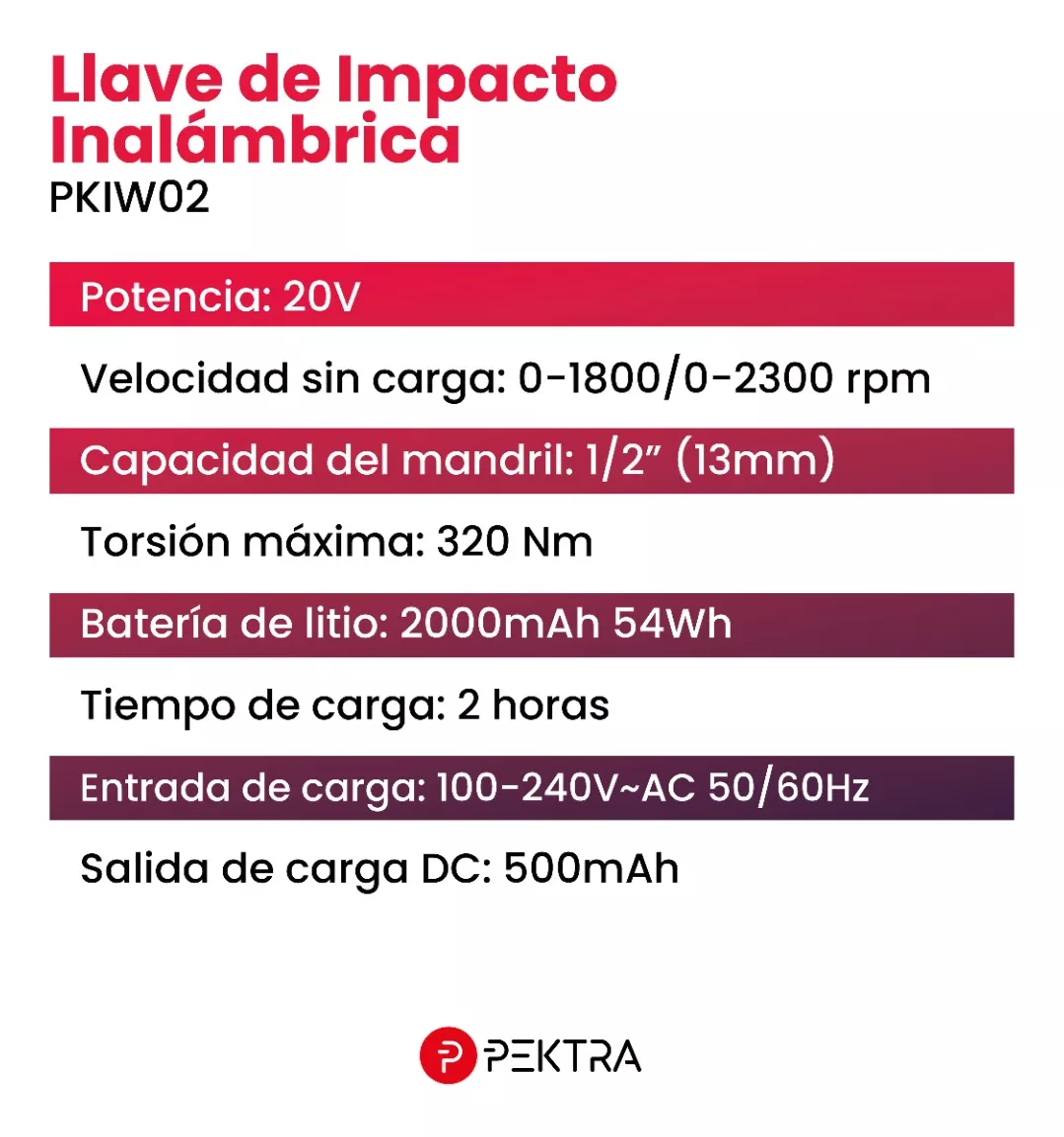 Llave De Impacto Brushless 20v 1/2 PuLG Pektra Inalambrica