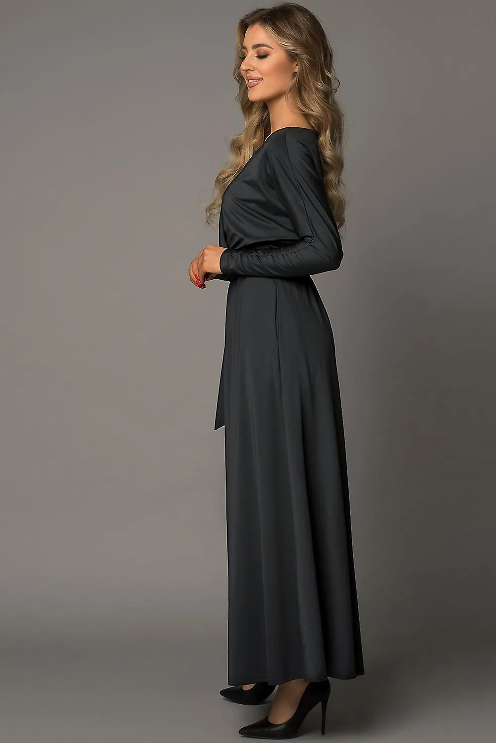 Mujer Negro Negro V Cuello Batwing Manga Maxi Vestido