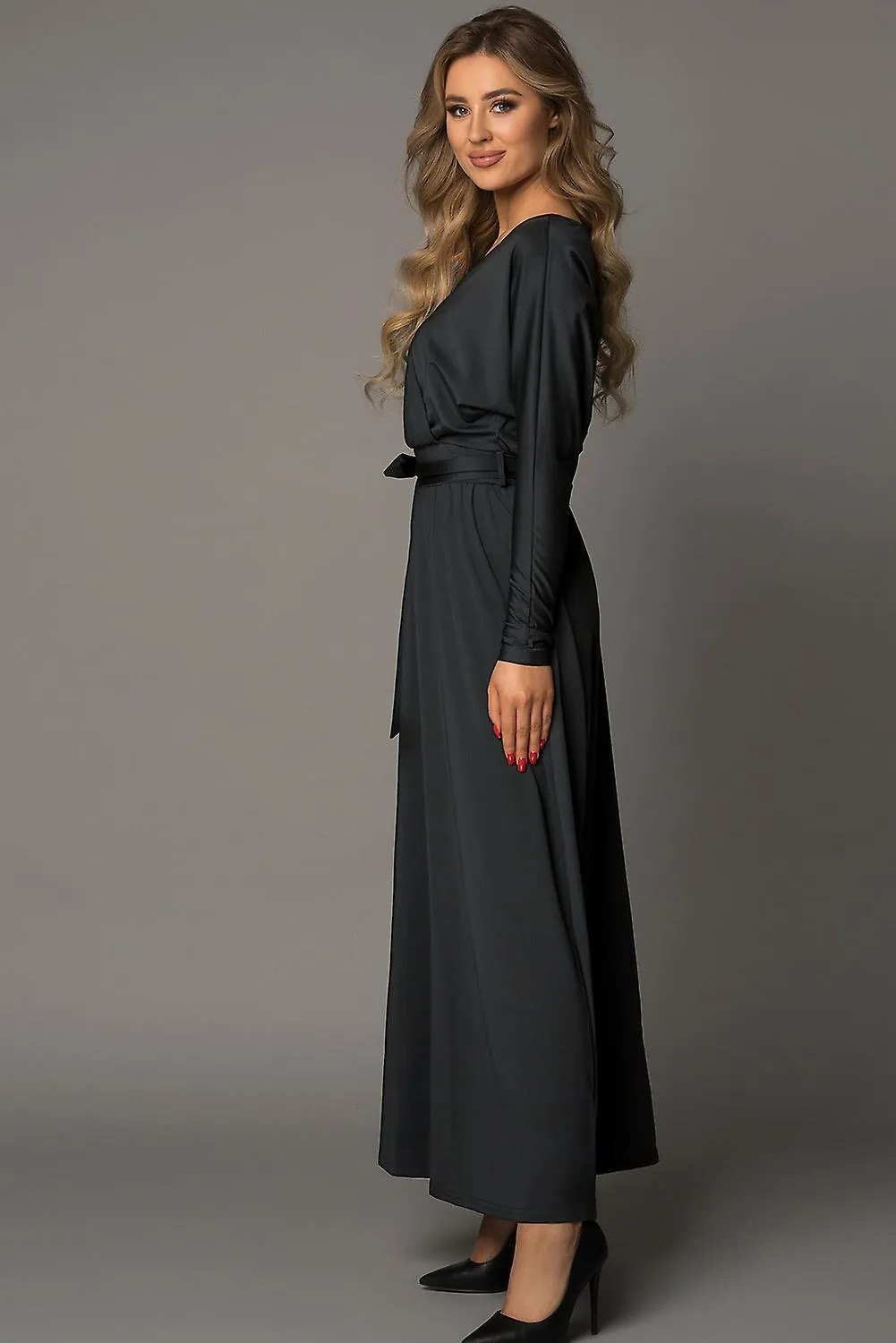 Mujer Negro Negro V Cuello Batwing Manga Maxi Vestido