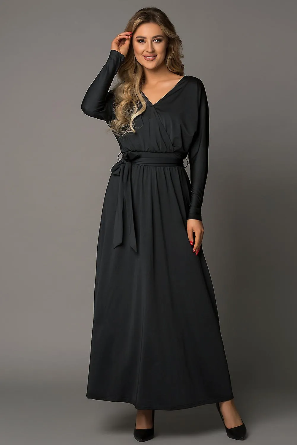 Mujer Negro Negro V Cuello Batwing Manga Maxi Vestido