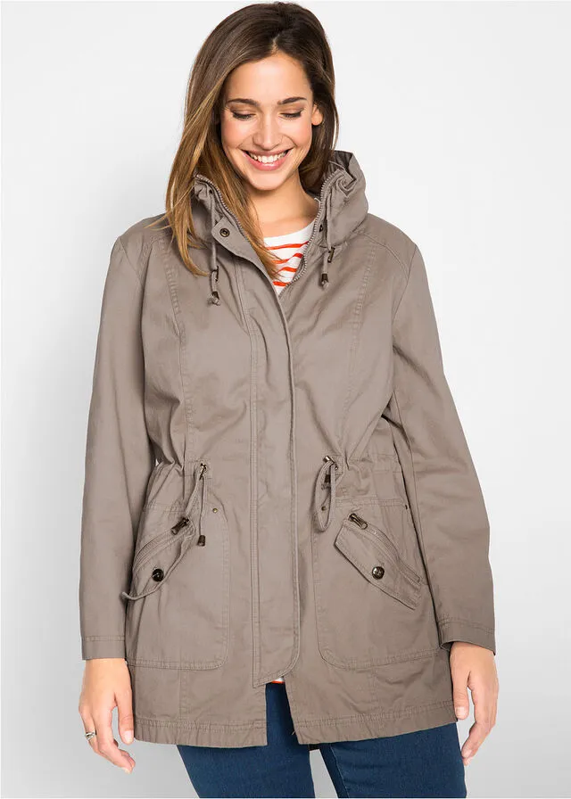 Parka corta de algodón con cuello alto y entallada Marrón grisáceo