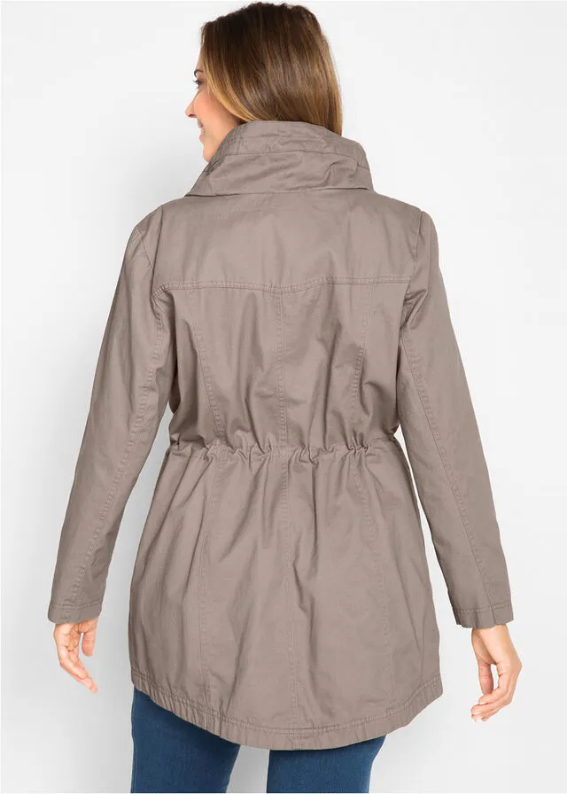 Parka corta de algodón con cuello alto y entallada Marrón grisáceo