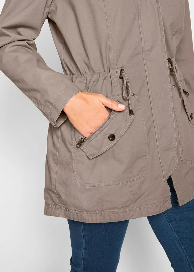 Parka corta de algodón con cuello alto y entallada Marrón grisáceo