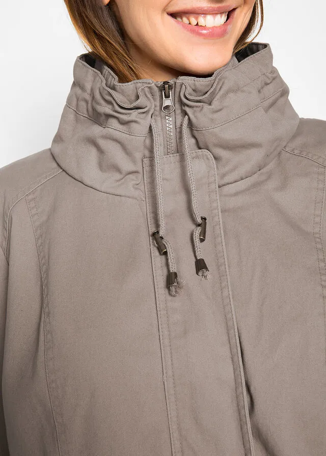 Parka corta de algodón con cuello alto y entallada Marrón grisáceo