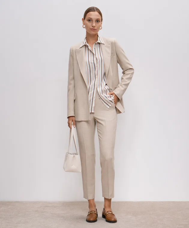 Peserico Beige striped silk blouse with monil chain