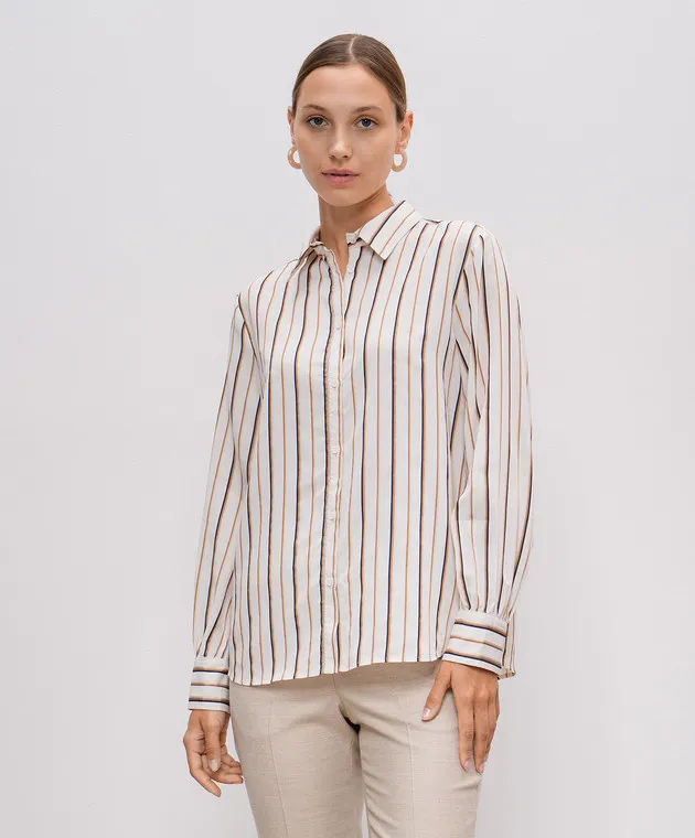 Peserico Beige striped silk blouse with monil chain