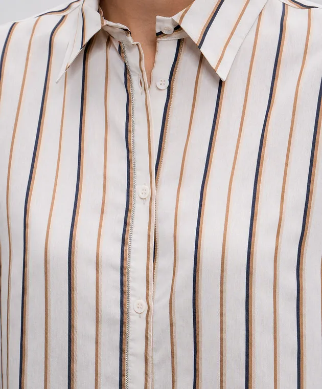 Peserico Beige striped silk blouse with monil chain