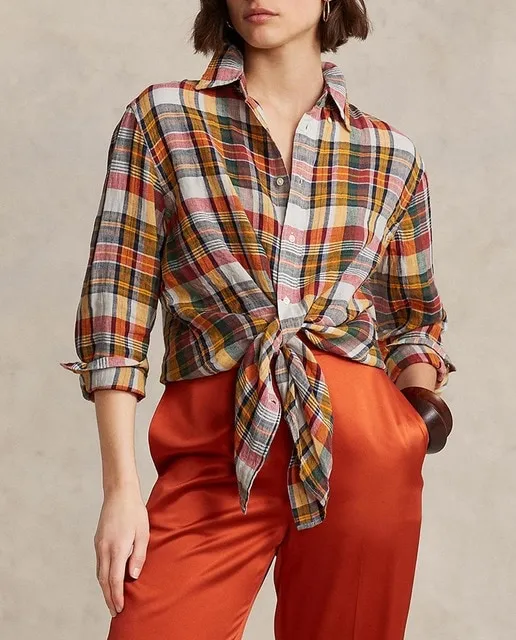 Polo Ralph Lauren Camisa de mujer de lino con estampado de cuadros