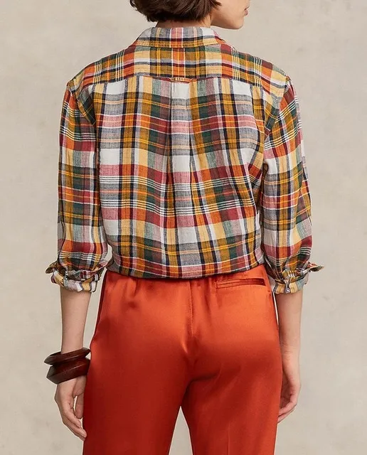 Polo Ralph Lauren Camisa de mujer de lino con estampado de cuadros