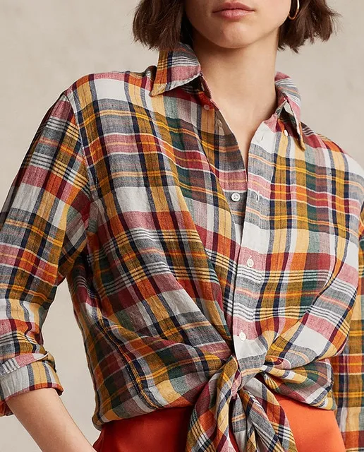 Polo Ralph Lauren Camisa de mujer de lino con estampado de cuadros