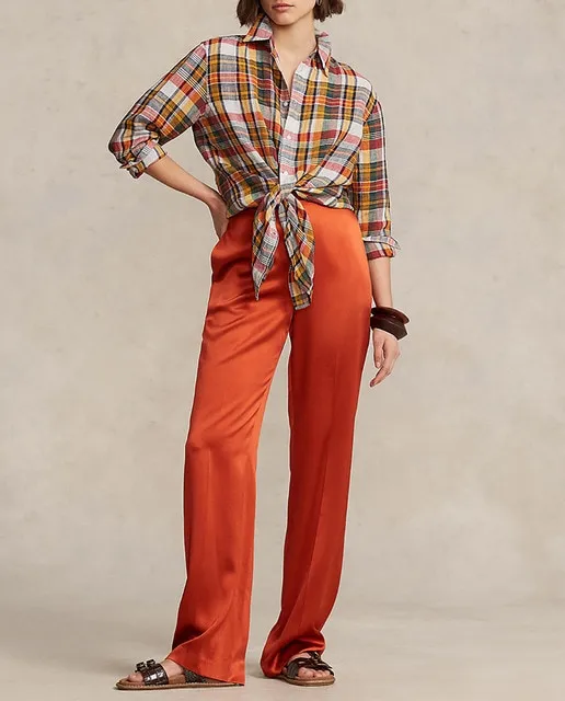 Polo Ralph Lauren Camisa de mujer de lino con estampado de cuadros