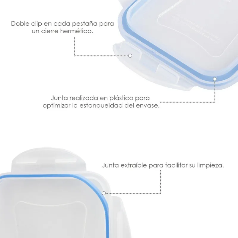 Recipiente Hermetico Plastico Rectangular 1.500 ml. 22x15x7.5 (Alt.) cm.