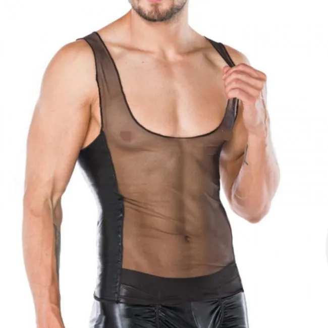 Sexy Thin Transparent Mesh Splice Faux Leather Vest Tank Tops Shirt Sissy Sleeveless Muscle Workout Men's Lingerie