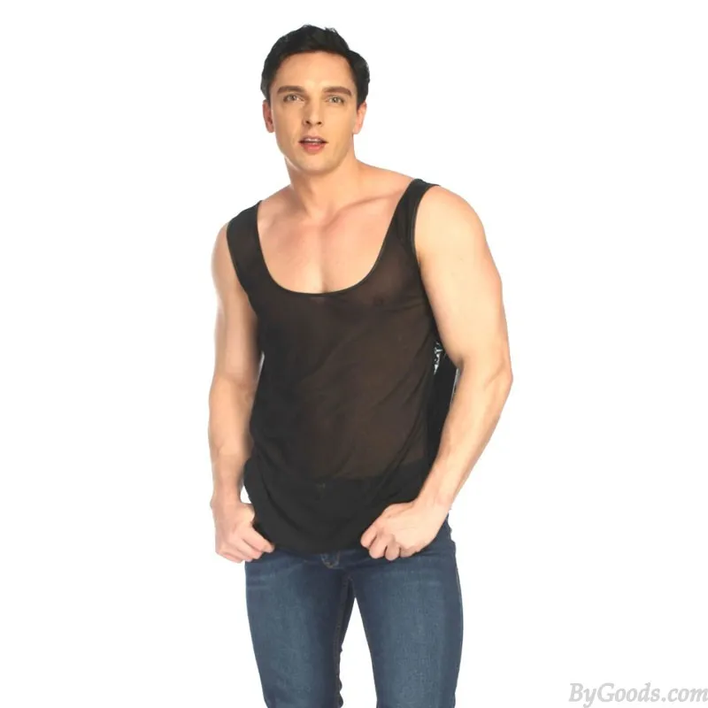 Sexy Thin Transparent Mesh Splice Faux Leather Vest Tank Tops Shirt Sissy Sleeveless Muscle Workout Men's Lingerie