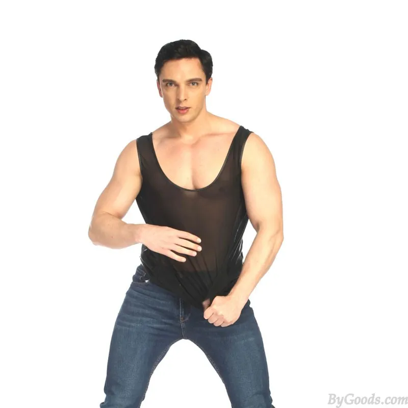 Sexy Thin Transparent Mesh Splice Faux Leather Vest Tank Tops Shirt Sissy Sleeveless Muscle Workout Men's Lingerie