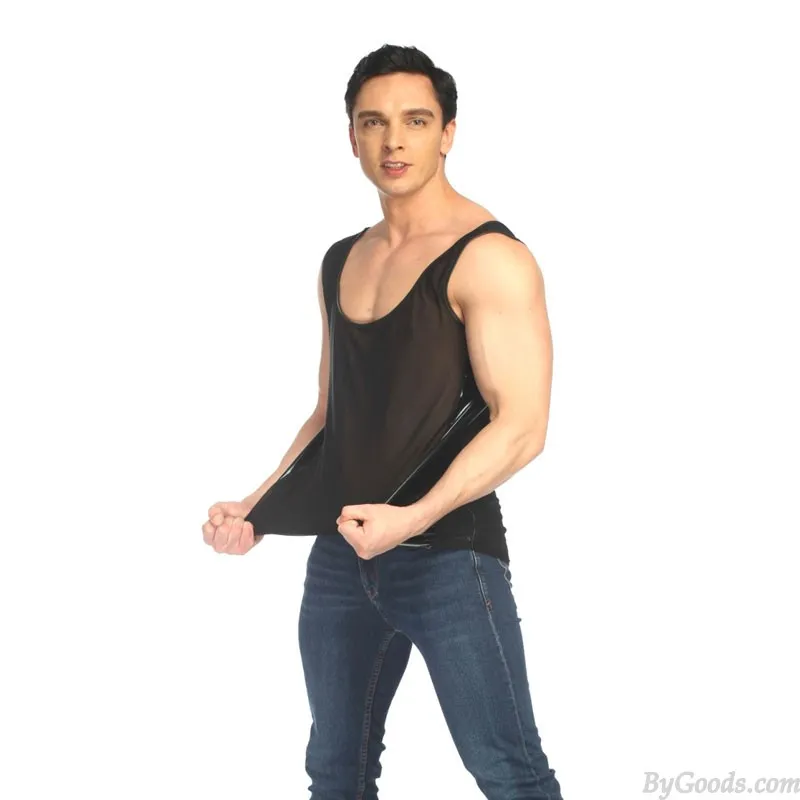 Sexy Thin Transparent Mesh Splice Faux Leather Vest Tank Tops Shirt Sissy Sleeveless Muscle Workout Men's Lingerie