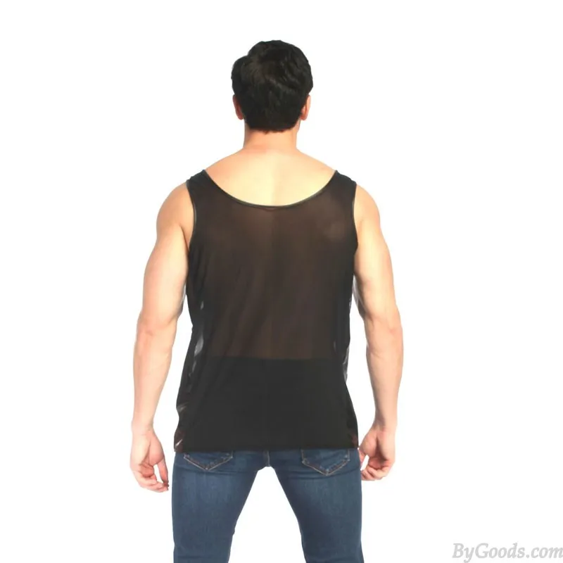 Sexy Thin Transparent Mesh Splice Faux Leather Vest Tank Tops Shirt Sissy Sleeveless Muscle Workout Men's Lingerie