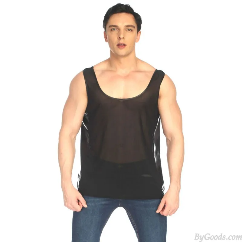 Sexy Thin Transparent Mesh Splice Faux Leather Vest Tank Tops Shirt Sissy Sleeveless Muscle Workout Men's Lingerie