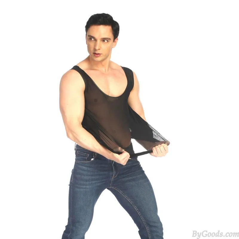 Sexy Thin Transparent Mesh Splice Faux Leather Vest Tank Tops Shirt Sissy Sleeveless Muscle Workout Men's Lingerie