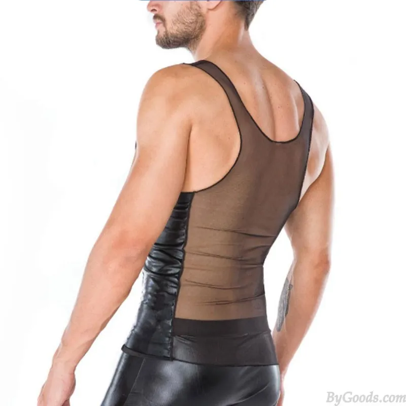 Sexy Thin Transparent Mesh Splice Faux Leather Vest Tank Tops Shirt Sissy Sleeveless Muscle Workout Men's Lingerie