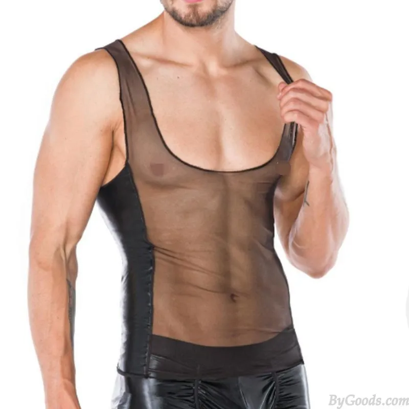 Sexy Thin Transparent Mesh Splice Faux Leather Vest Tank Tops Shirt Sissy Sleeveless Muscle Workout Men's Lingerie