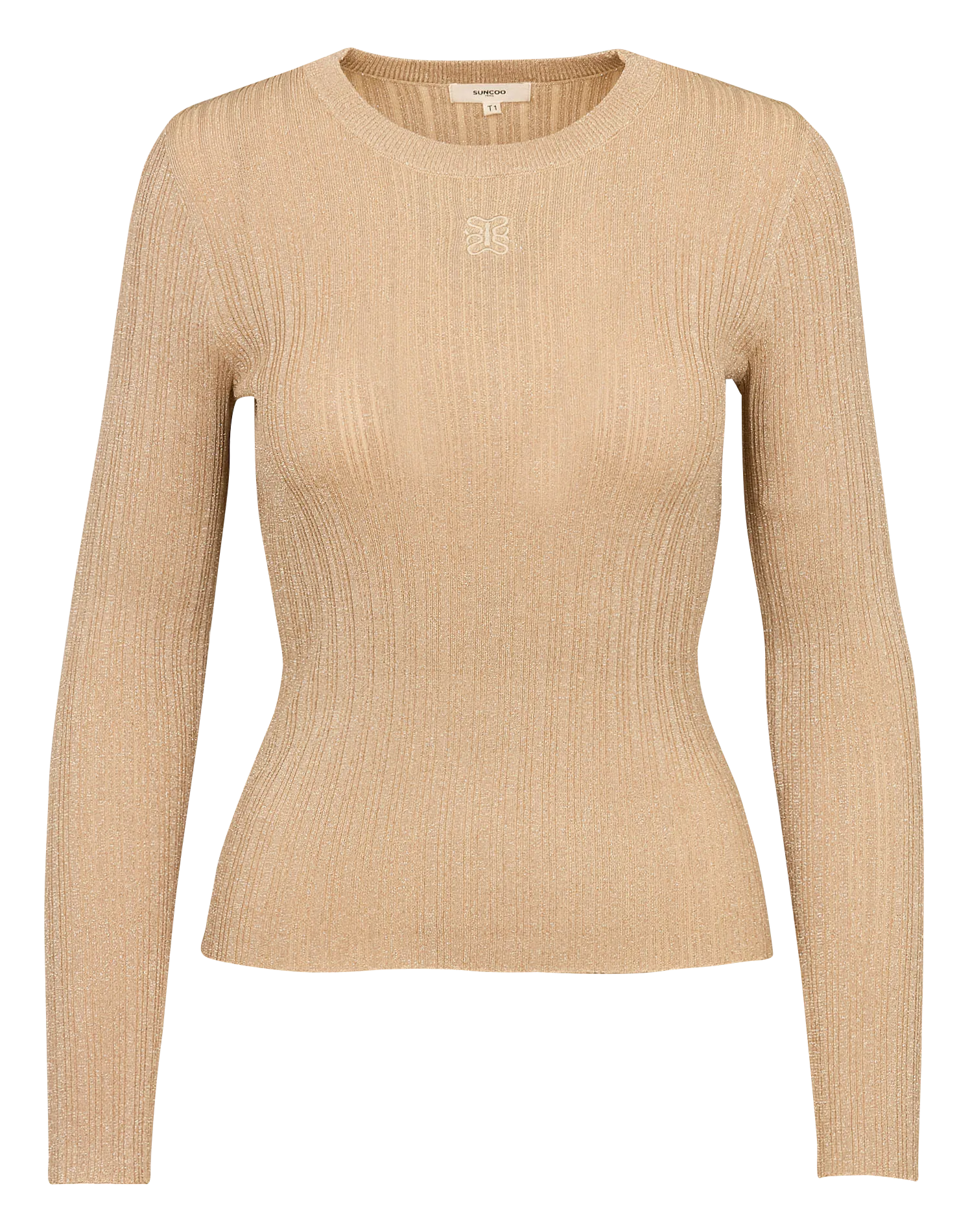 SUNCOO PRAVEG  TOP AJUSTADO CUELLO REDONDO CON LENTEJUELAS EN BEIGE