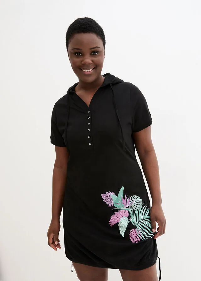 Vestido camisero de algodón, manga corta Negro